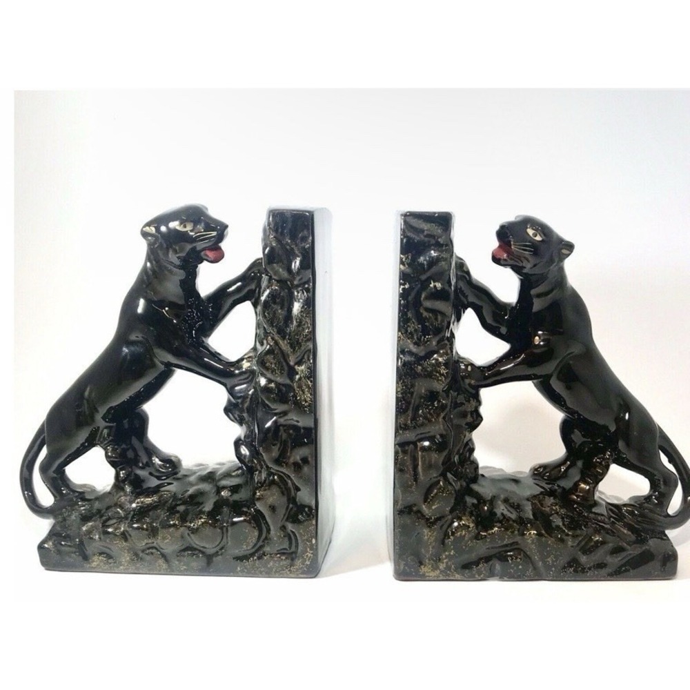 Mid-Century/Hollywood Regency Black Panther w Gold Bookends, Glazed Redware